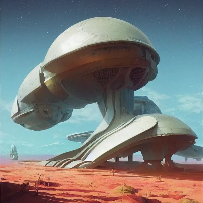 Prompt: tropical spaceship, science fiction, extremely detailed, sharp focus, pastel colors, intricate, hard light, illustration, volumetric lighting, digital painting, by roger dean, by santiago calatrava, by simon stalenhag