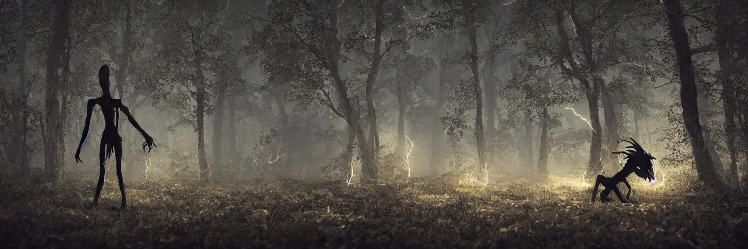 Prompt: super skinny scary creature coming out of the woods at night. intense lightning, scary details, super intense quality, high quality, HDR, 4K, 8K, 12K, octane render, cinema4d render, unreal engine 5 render, extremely high detail, photorealistic, hyperrealistic, cinematic lightning, cinematic, post processed, artstation