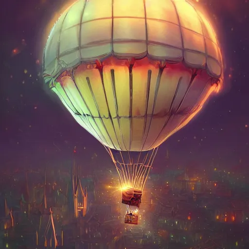 Image similar to a beautiful stunning fantasy whimsical matte digital illustration of a hot - air balloon powered by magic over a lit city at night by marc simonetti, pastel color palette, disney magic the gathering steampunk, chiaroscuro magical bokeh moon stars dramatic romantic, trending on artstation hq, masterpiece