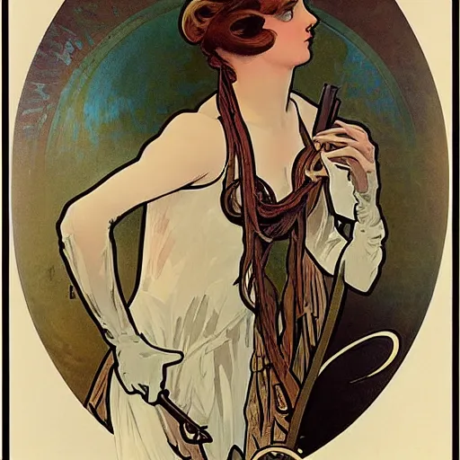 Prompt: female spy, painted by alphonse mucha