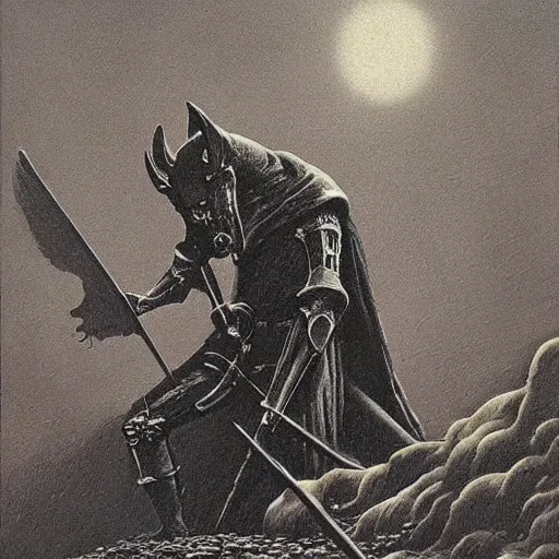 Prompt: Wolf, knight, small, demonic, devil, boss, dark, by zdzisław Beksiński medieval romanticism style