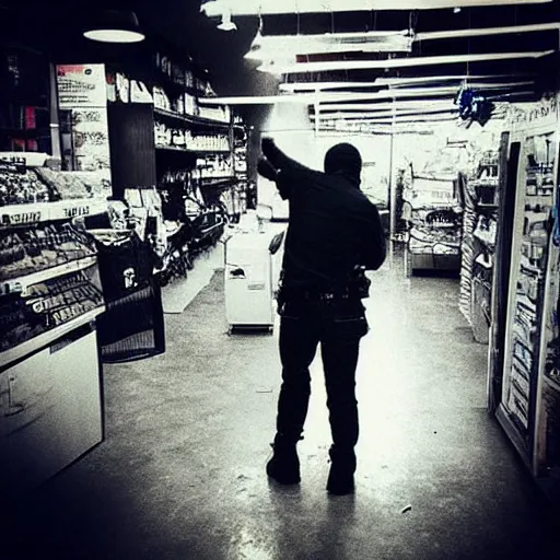 Image similar to “ man committing armed robbery from the perspective of the bodega cat ”