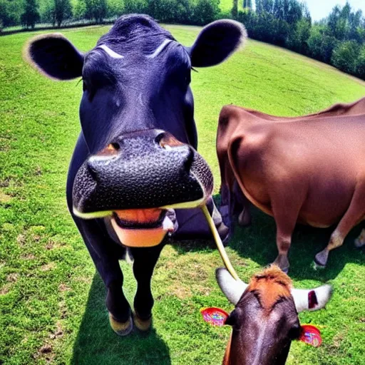 Image similar to selfie stick photo of a cow and its hippopotamus best friend. photograph. nature photography. high quality.