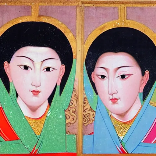 Prompt: portrait of 2 different asian looking girls close up make up looking at each other in iconography style theophanes the greek glitter chinese ornament dress plasticien