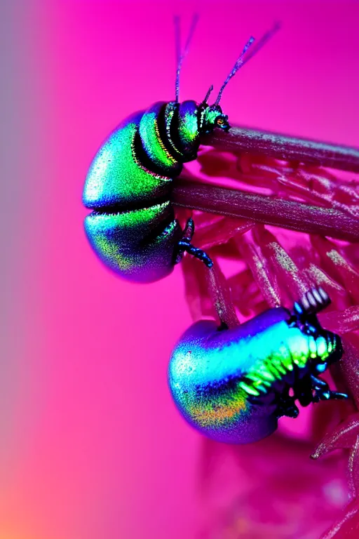 Image similar to high quality macro photo iridescent cyborg caterpillar! cute highly detailed david ligare elson peter cinematic pink lighting high quality low angle hd 8k sharp shallow depth of field