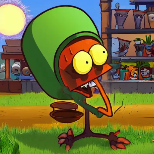 Prompt: a photo of Crazey Dave Blazing III from plants vs zombies wearing a pot on his head and watering his plants at the golden hour