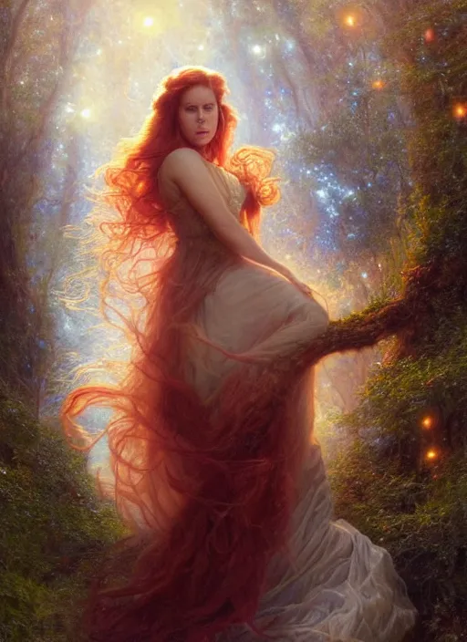 Image similar to Amy Adams staring into the camera, misty wisps, fireflies, Lilia Alvarado, Sophie Anderson, Mark Arian, Bob Byerley, Charlie Bowater, Mark Brooks, Steve Henderson, Justin Gerard, Arthur Hughes, Edward Robert Hughes, Mark Keathley, Victor Nizovtsev, Carlos Shwabe, Ross Tran, WLOP