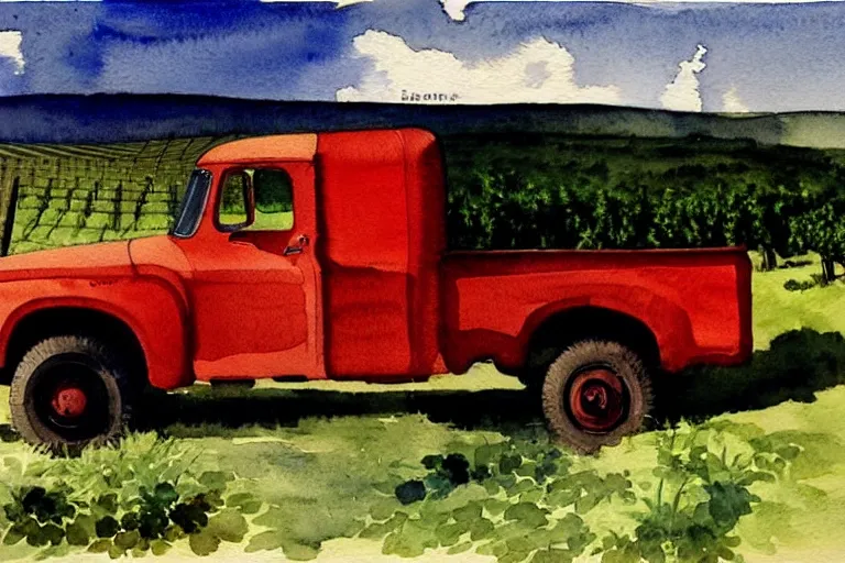 Prompt: watercolor painting of bbc a vintage red truck in a vineyard by winslow homer