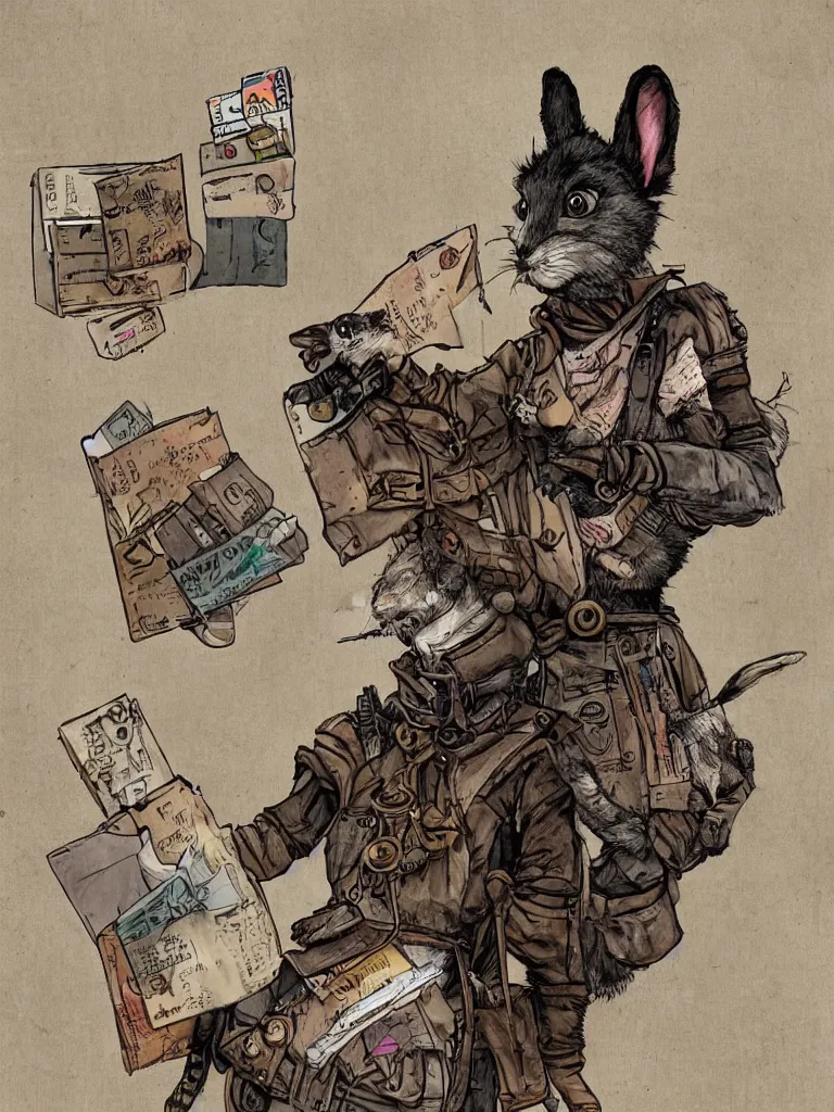 Prompt: a post - apocalyptic steampunk bunny rabbit in the post office trying to mail a package, high def, realistic, fine art, intricate, digital art
