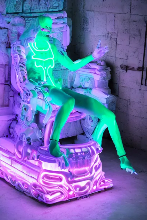 Image similar to fantasy medeival and cyberpunk style white neon statue of a muscular attractive tan male macho dotado android reclining sim roupa con piroca dura, glowing pink face, white baseball cap, green steampunk lasers, emeralds, swirling white silk fabric. futuristic elements. prismatic liquid rainbow light, full-length view. space robots. human skulls. throne made of bones, intricate artwork by caravaggio. Trending on artstation, octane render, cinematic lighting from the right, hyper realism, octane render, 8k, depth of field, 3D