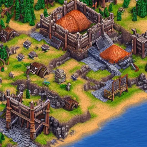 Prompt: isometric map of age of empires video game website , procedural, Travian, AOE2 , civilization, river, forest, cave, mountain, woods, hills, buildings, Insane Details, Digital Art, Epic Atmosphere, Extremely Detailed