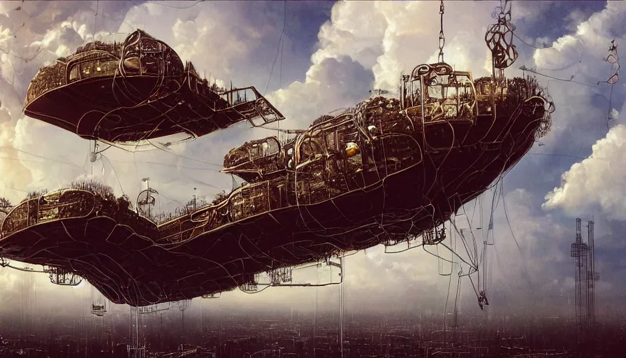 Prompt: an inflated stainless steel chrome gondola in the clouds, people are hanging by steel cables. Oil rigs in the sky. Intricate technical drawing. Digital art. Mammatus clouds. Ornate, brilliant, utopian, detailed, Golden ratio, solarpunk technology by Lebbeus Woods and Craig Mullins