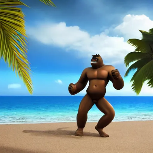 Image similar to king kong wearing a bikini, clearing a space for himself at the beach, cinematic, octane render, sunny day, tropical island.