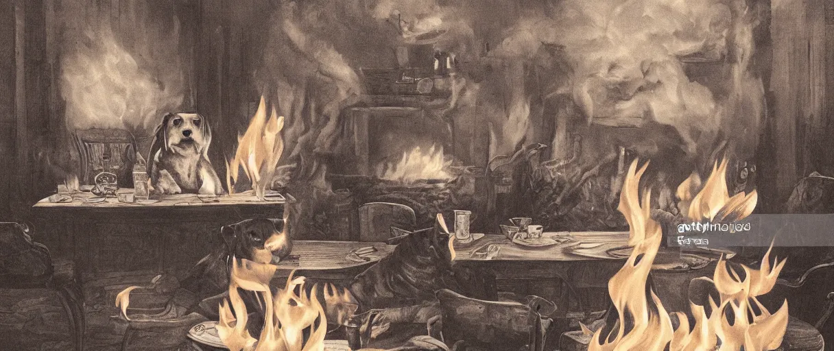 Image similar to a photograph (flash on) of a relaxed anthropomorphic dog sitting on a chair at a dinner table (no fire at all there), surrounded by flames, cup of coffee on the table, huge fire on this dining room in the background, a lot of flames behind the dog, black smoke instead of the ceiling, no watermark