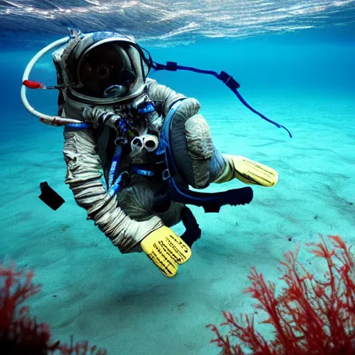 Image similar to underwater photograph of an astronaut exploring deep ocean creatures, eerie