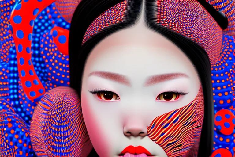 Image similar to hyperrealistic detailed image of a geisha laying in a art installation room, interior by yayoi kusama, part by kei mieno, part by alex gray, part by ross tran, part by james jean, ultra realistic, highly detailed, life like face, detailed body, 8 k, octane render, trending on artstation, very cohesive, masterpiece