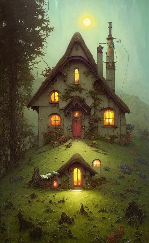 Image similar to a hyper realistic witchy cottage with solar panels on a tall hill, mountains, atmospheric lighting, lush foliage, painting by chiara bautista and tom bagshaw, mucha, beksinski and norman rockwell and greg rutkowski weta studio, and lucasfilm