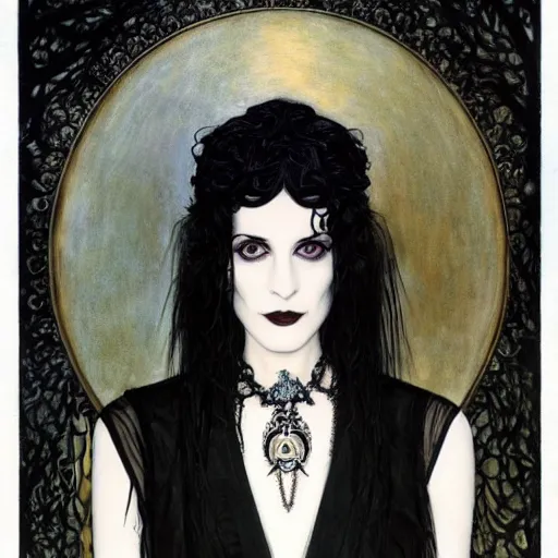 Image similar to death, a young and beautiful pale goth girl wearing a black vest and black punk hair, an ankh medallion hangs around her neck. the actress winona ryder, portrait by joshua middleton and gustav klimt, vertigo comic