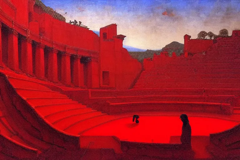 Image similar to only with red, a red melted emperor, taormina amphitheatre, crowd hails him happy, in the style of beksinski, parts by edward hopper, parts by rodcenko, parts by yue minjun, intricate and epic composition, red by caravaggio, insanely quality, highly detailed, masterpiece, red light, artstation, 4 k