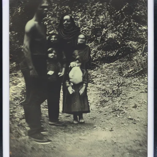 Image similar to really old polaroid photograph of horrorific extraterrestrial beings visiting earth,