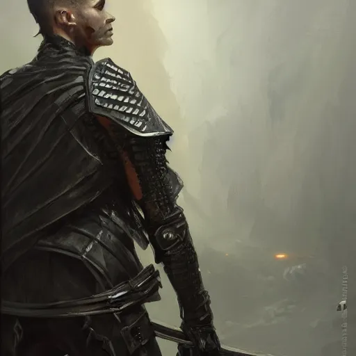 Prompt: reflective black-scaled thin chaotic neutral DnD lizardborn wearing a biker jacket and holding a scimitar, DnD Character, Oil Painting, Greg Rutkowski, head view, beautiful portrait, trending on artstation, character, smug