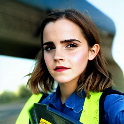 Image similar to photo, close up, emma watson in a hi vis vest picking up trash on the side of the interstate, portrait, kodak gold 2 0 0,