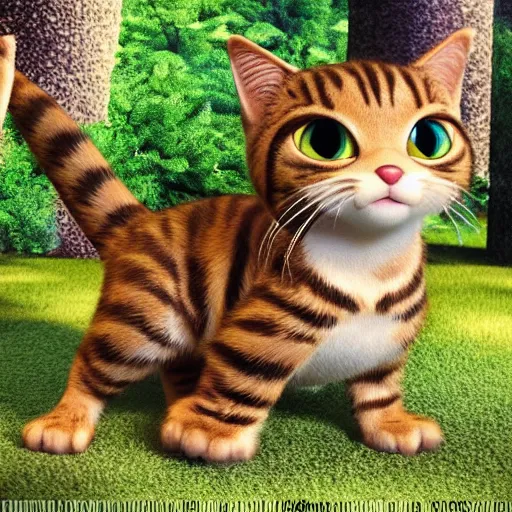 Image similar to pixar movie, brown tabby cat, 3 d, cute pixar _ tabby _ cat in a forest