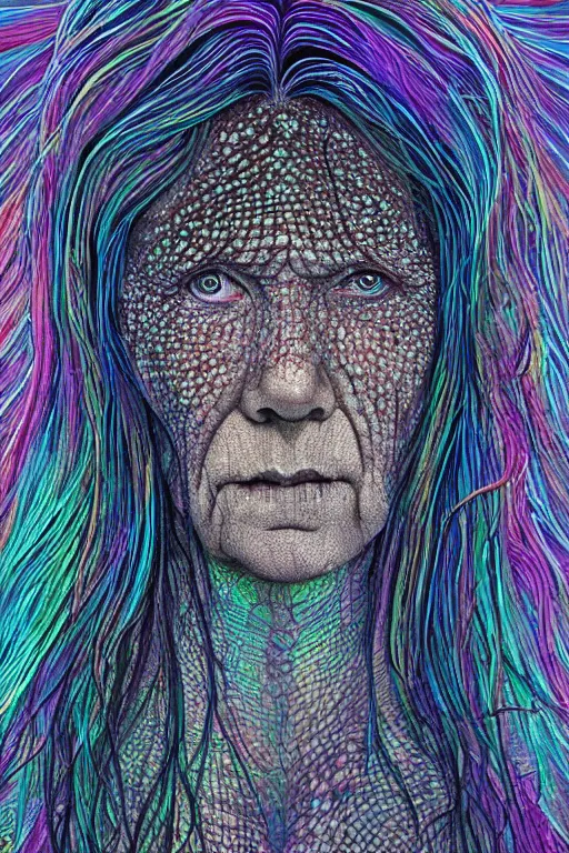 Image similar to dark underwater portrait of one bioluminescent old woman, with cracked reaction diffusion semi - transparent skin. multicolored fish scales, face closeup. long intricate dark hair. good face proportions. with many jellyfishes. very high detail, illustration, by alex grey and ilya kuvshinov