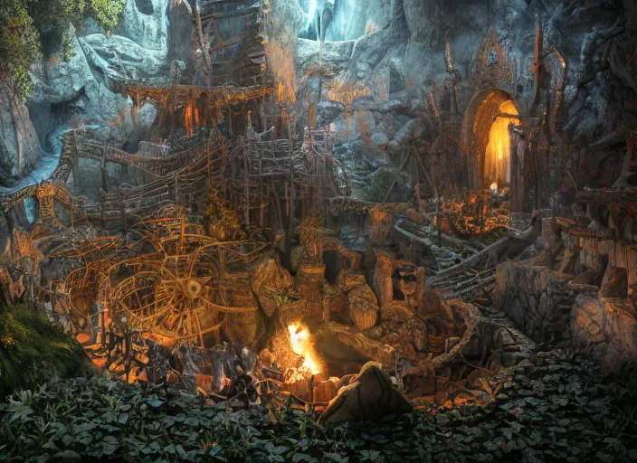 Prompt: detailed octane render of a diorama of moria as kids adventure playground, balrog, gandalf, skyrim, detailed, by joop geesink, wes anderson, jim henson, brian froud, breathtaking, 8 k resolution, beautiful lighting, studio light, extremely detailed, establishing shot, realistic materials, hyperrealistic