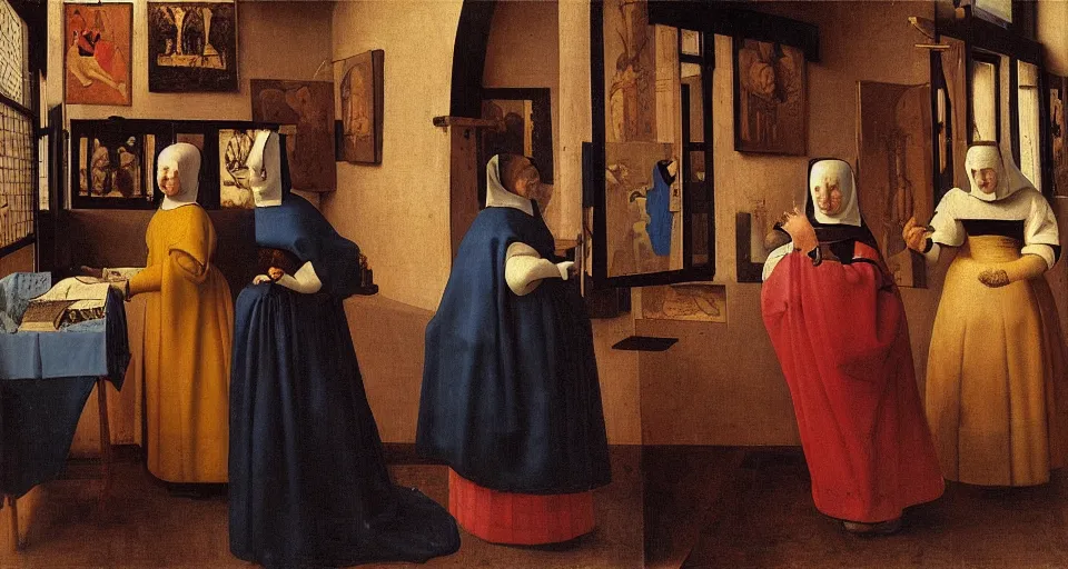 Image similar to a painting of nuns at a strip club, medieval painting by Jan van Eyck, Johannes Vermeer