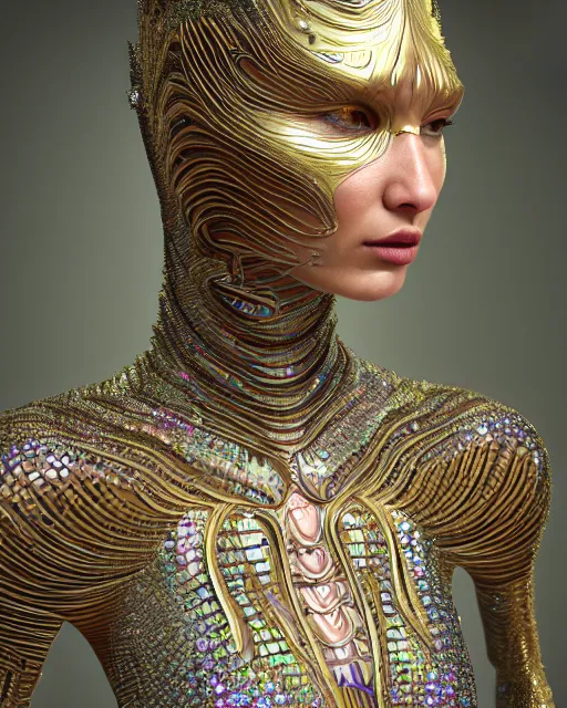 Prompt: a highly detailed metahuman 4 k close up render of an alien goddess bella hadid as alex grey art in iris van herpen dress schiaparelli in diamonds crystals swarovski and jewelry iridescent in style of alphonse mucha gustav klimt trending on artstation made in unreal engine 4