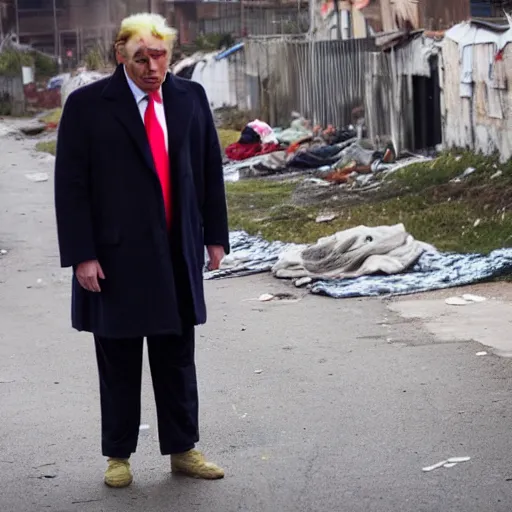 Image similar to donald trump dressed as a homeless man living in the slums