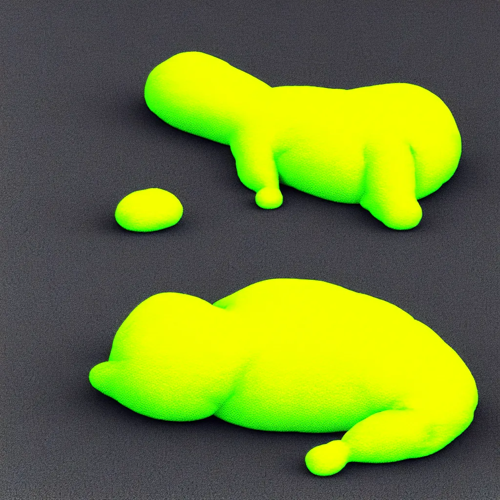 Image similar to small and soft neon yellow creature sleeping on a pillow in the middle, godot engine render, glitchcore aesthetics, high detail texture, 8k