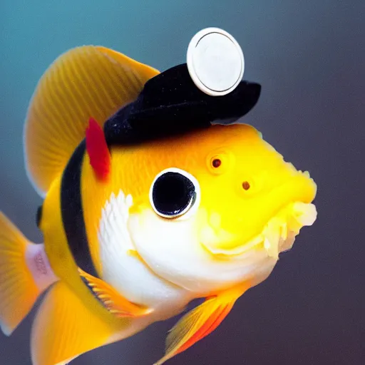 Image similar to “photograph of a ranchu goldfish with a mustache wearing a top hat and a monocle, holding a staff by its fin, hd, high res, high quality, sharp focus, 8k”