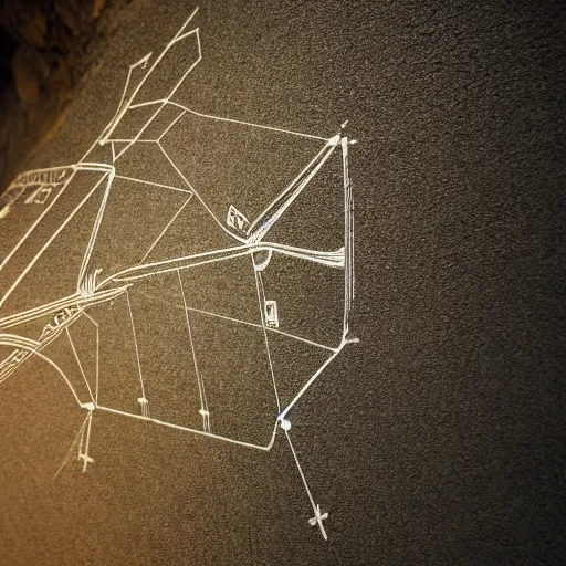Prompt: Airplane blueprints on a dimly light cave wall, 8k photography, hyperrealistic, close shot