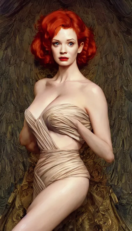 Prompt: Angel, perfectly-centered-painting of young Christina Hendricks in Mad Men, sweaty, dynamic action pose, insane, intricate, highly detailed, digital painting, artstation, concept art, smooth, sharp focus, illustration, Unreal Engine 5, 8K, art by artgerm and greg rutkowski and alphonse mucha