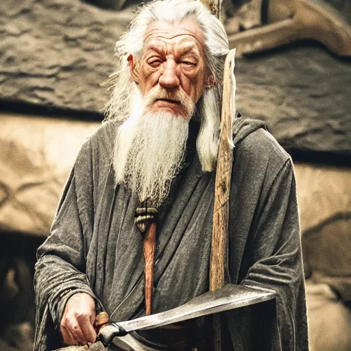 Image similar to the evil ian mckellen smithing on an anvil as gandalf in a dark viking hood playing odin all father crafting a neural network with golden synapses on an anvil with fire, highly detailed, cinematic shot, cinematic lighting, 8 k, exquisit facial detail