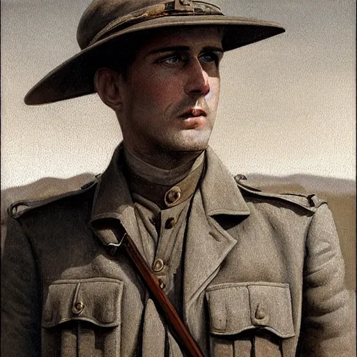 Image similar to a detailed photorealistic sepia - toned color portrait painting of a 1 9 1 7 worried clean - shaven british lieutenant in field gear from the arab bureau in wadi rum, ultra realistic, intricate details, atmospheric, dark, brooding, highly detailed, by clyde caldwell