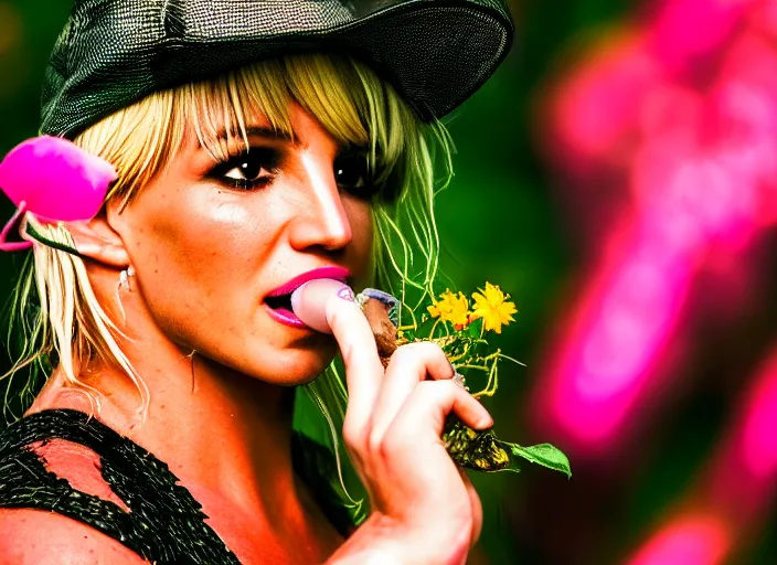 Image similar to super macro of britney spears drinking from a flower in the forest. fantasy horror cyberpunk style. highly detailed 8 k. intricate. nikon d 8 5 0 3 0 0 mm. award winning photography.