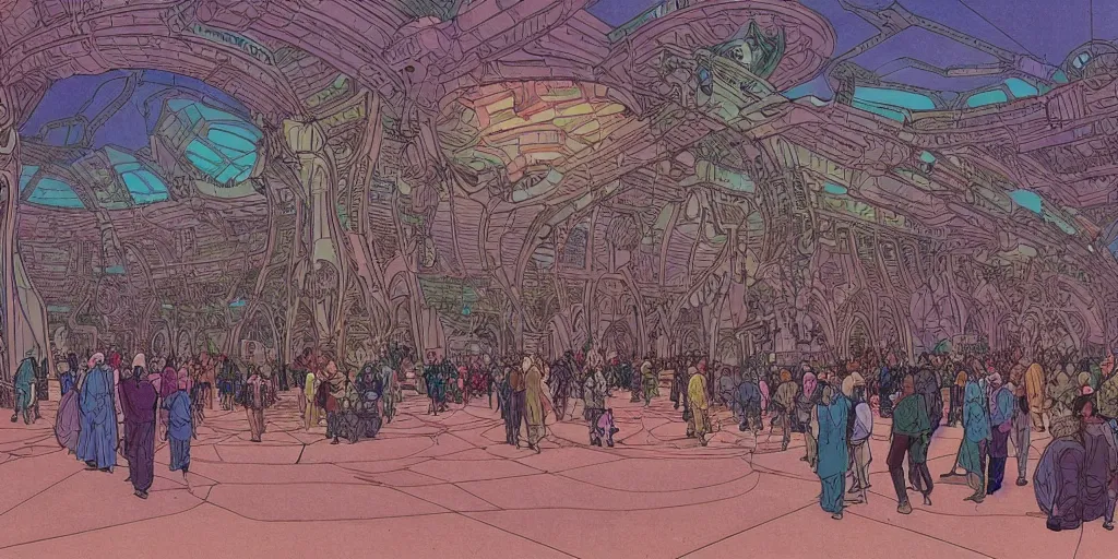 Image similar to cel shaded matte illustration of the the interior of a scifi space station with ornate elven architecture bustling with people, emerald, crystalline, detailed illustration, sharp focus, crisp lines, art by moebius, jean giraud moebius comic illustration