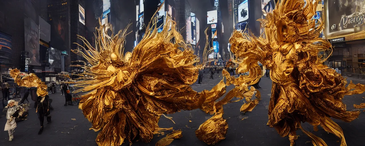 Image similar to 'Deamons unleashed in Times Square' by István Sándorfi royally decorated, whirling smoke, embers, gold encrustations , gilt silk torn fabric, radiant colors, fantasy, perfect lighting, studio lit, volumetric lighting, micro details, 3d sculpture,