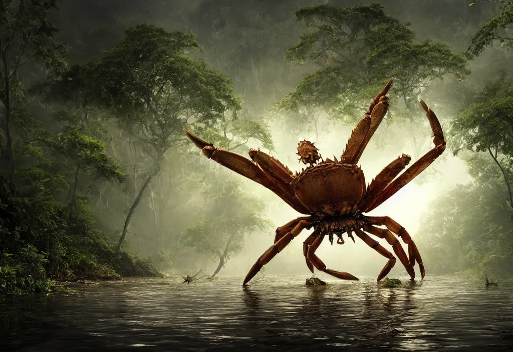 Prompt: an enormous giant crab king emerging from the waters, in a jungle with ominous light from above, ambient light, fog, river, very poetic