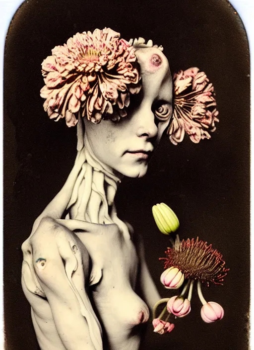 Image similar to beautiful and detailed rotten woman made of plants and many types of stylized flowers like carnation, chrysanthemum and tulips, anatomically, anatomica, intricate, organs, ornate, surreal, john constable, guy denning, gustave courbet, caravaggio, romero ressendi 1 9 1 0 polaroid photo