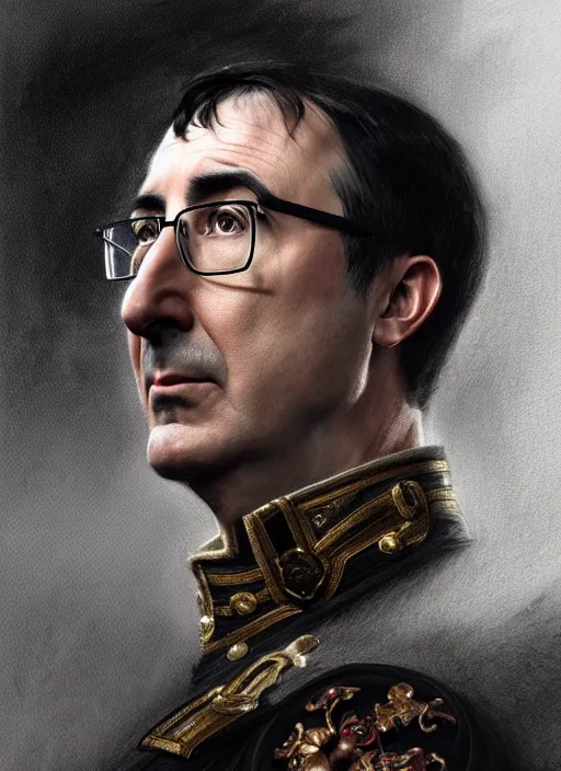 Image similar to portrait of stoic looking john oliver as in the vigo carpathian painting, military uniform, fantasy, intricate, elegant, beautiful, highly detailed, charcoal, centered, dark, smokey, digital painting, artstation, concept art, smooth, sharp focus, illustration, art by artgerm and greg rutkowski and alphonse mucha