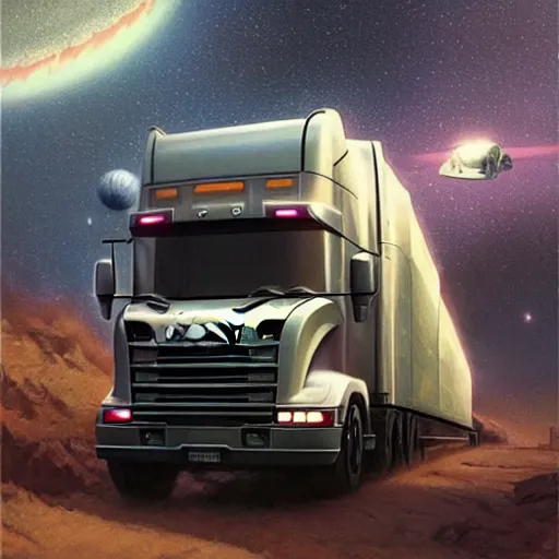 Prompt: truck scania!!!, as a realistic scifi spaceship!!!, floating in space, thrusters placed instead of wheels!!, wide angle shot art by donato giancola and greg rutkowski, vintage retro scifi, realistic space, digital art, trending on artstation, symmetry!!!