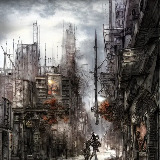 Image similar to street shooting in post apocalyptic city, by luis royo, retro fantasy, details, digital, artstation