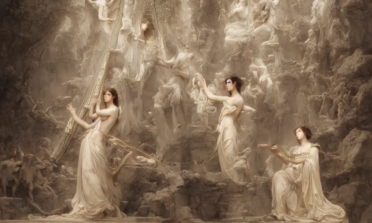 Image similar to a luminous fairytale of a beautiful realistic woman playing the harp in a baroque white marble cathedral. Neon light, masterpiece 4k digital illustration by Ruan Jia and Mandy Jurgens and Artgerm and William-Adolphe Bouguereau, award winning, Artstation, Gustave Dore' background, intricate details, realistic, panoramic view, volumetric lighting, Hyperdetailed, 8k resolution, intricate art nouveau, sharp focus, smooth, colorful, rendered in Unreal Engine 3