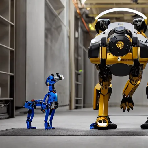 Prompt: atlas robot, boston dynamics atlas, atlas and spot, spot robot dog, humanoid robot, robot dog, yellow robot dog, boston dynamics, 2 0 2 2 promo image