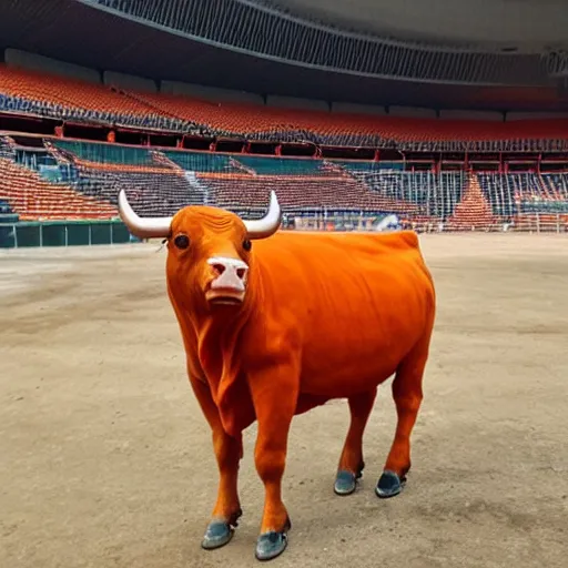 Image similar to bull wearing orange inmate clothes in a bullring stadium in pamplona