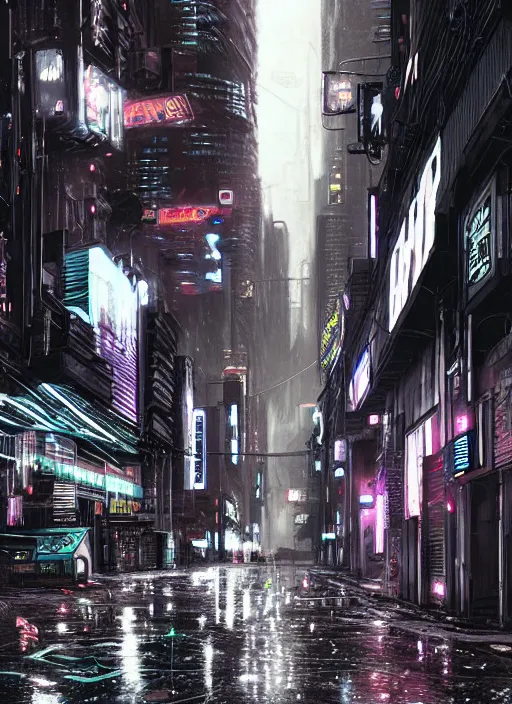 Image similar to sci-fi cyberpunk city street, billboards, neon holograms, neon signs, rainy night, dramatic lighting, cinematic, establishing shot, extremely high detail, foto realistic, cinematic lighting, pen and ink, intricate line drawings, post processed, concept art, artstation, matte painting, style by Raphael Lacoste, Eddie Mendoza , Sebastian Lüdke